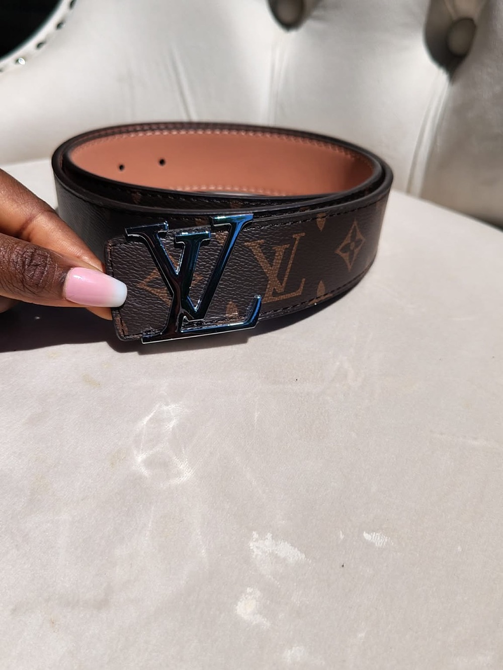 Designer Monogram Canvas Belt with Silver Style Buckle - Brown/Tan
